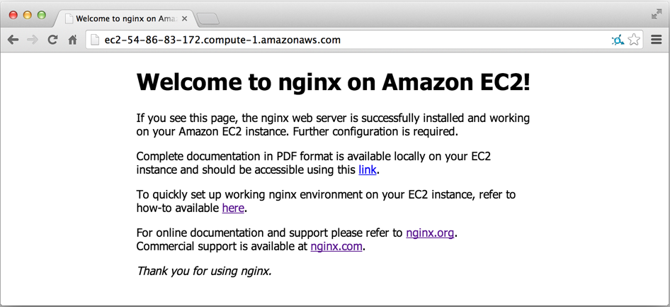 Screenshot of the default index.html page for an NGINX Plus AMI on Amazon EC2