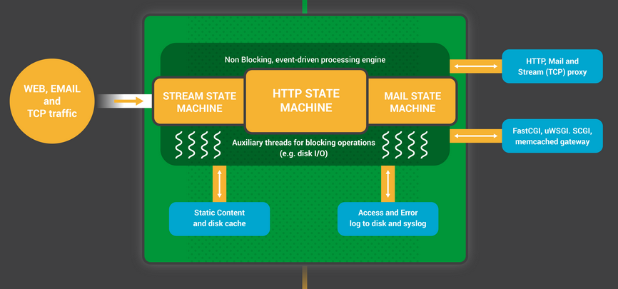 The NGINX worker process is a nonblocking, event-driven engine for processing requests from web clients.