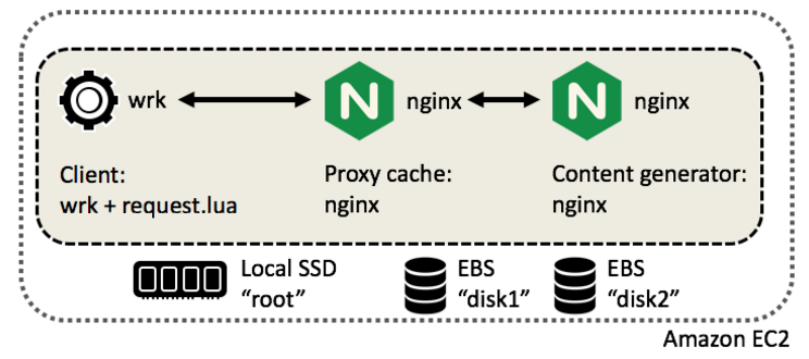 Amazon EC2 t2.small instance with local SSD storage and two large magnetic EBS block devices, used to test NGINX cache placement strategies.