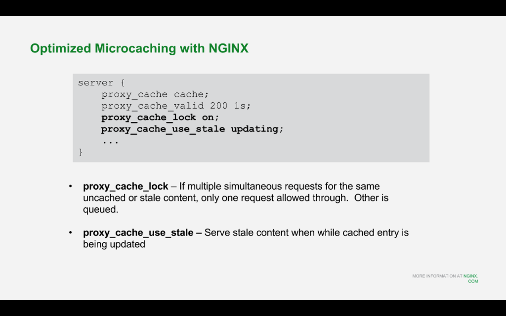 To optimize the performance of microcaching for drupal 8 with nginx, use the 'proxy_cache_lock' and 'proxy_cache_use_stale' directives [NGINX webinar about Drupal 8 performance, Feb 2016]