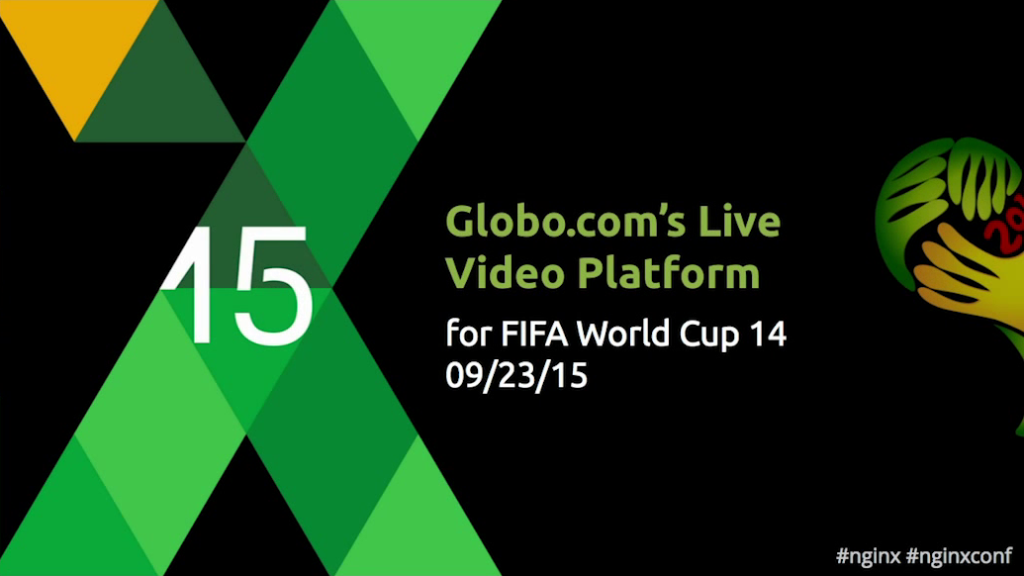 Title slide for presentation at nginx.conf 2015: Globo.com's Live Video Streaming Platform for FIFA World Cup 14
