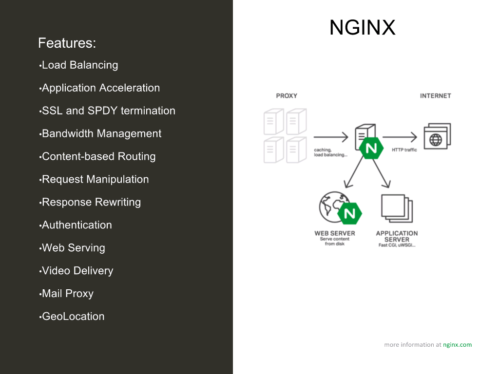 NGINX and NGINX Plus provide many functions including load balancing, application acceleration, SSL and HTTP/2 termination, bandwidth management, content-based routing, request manipulation, response rewriting, authentication, web serving, video delivery, mail proxy, and geolocation [NGINX webinar about connecting applications with NGINX and Docker to include the microservices architecture and load balancing, Apr 2016]