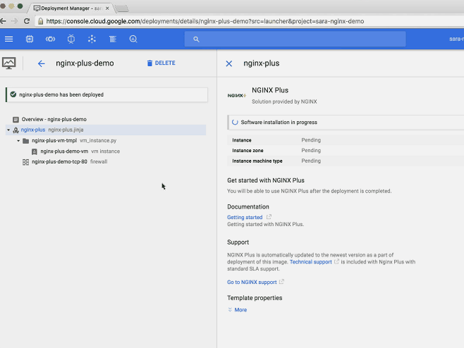 GIF showing access to Google Compute Engine 'VM instances' page for the nginx-plus-demo VM [webinar 'Deploying NGINX Plus & Kubernetes on Google Cloud Platform' includes information on how switching from a monolithic to microservices architecture can help with application delivery and continuous integration - broadcast 23 May 2016]