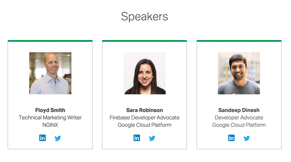 Photos of speakers: Floyd Smith of NGINX, Sarah Robinson and Sandeep Dinesh of Google Cloud Platform [webinar "Deploying NGINX Plus & Kubernetes on Google Cloud Platform" includes information on how switching from a monolithic to microservices architecture can help with application delivery and continuous integration - broadcast 23 May 2016]