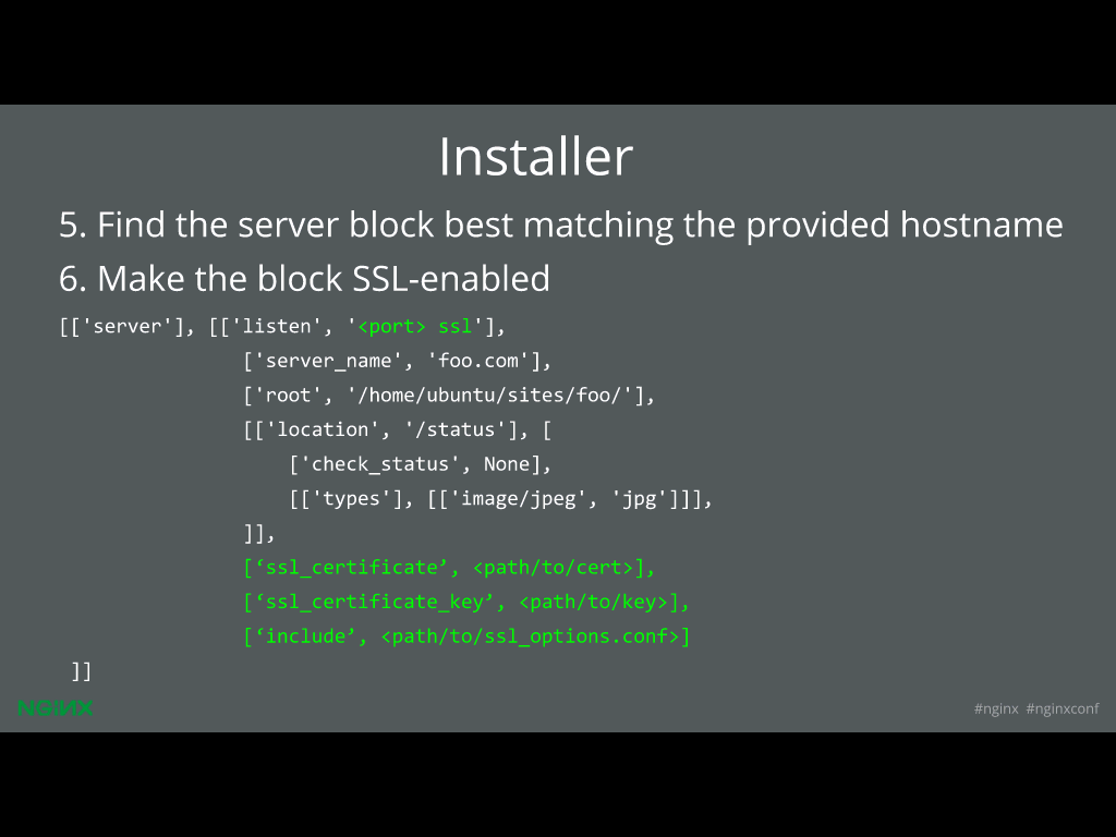 Next, the certificate needs to be installed for website security through HTTPS [presentation given by Yan Zhu and Peter Eckersley from the Electronic Frontier Foundation (EFF) at nginx.conf 2015]