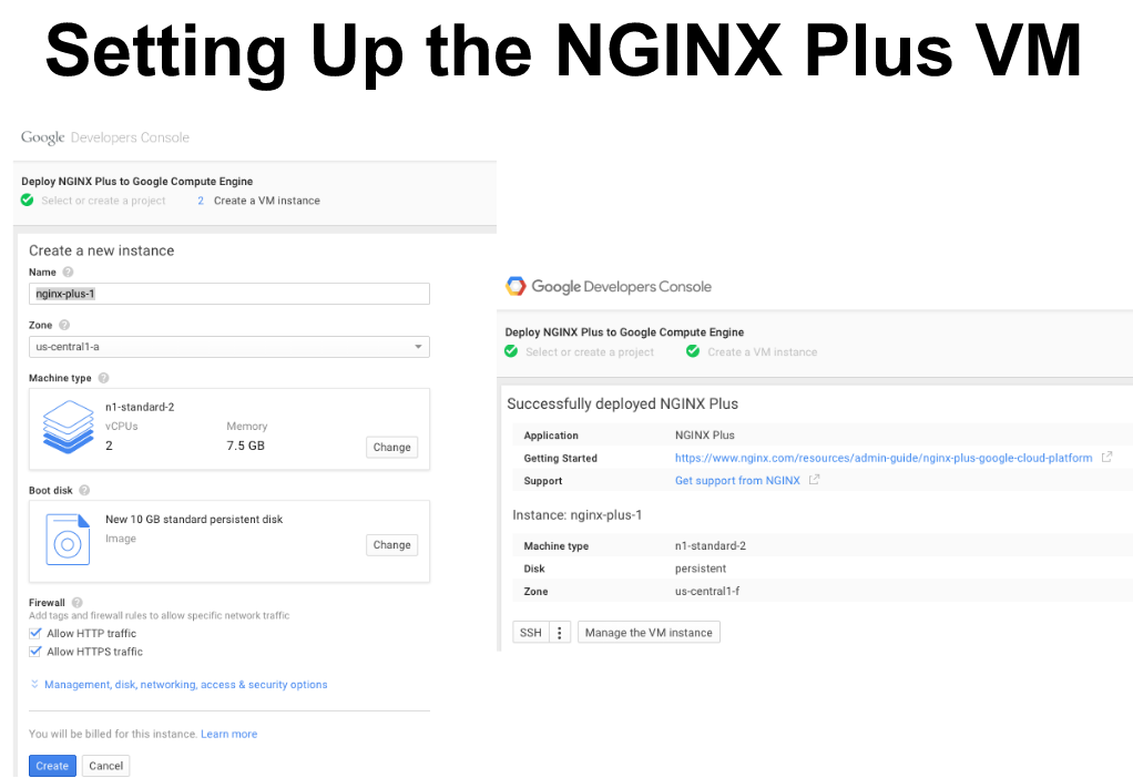 Screen shot of Cloud Launcher page for creating an NGINX Plus instance on GCP [webinar "Deploying NGINX Plus & Kubernetes on Google Cloud Platform" includes information on how switching from a monolithic to microservices architecture can help with application delivery and continuous integration - broadcast 23 May 2016]