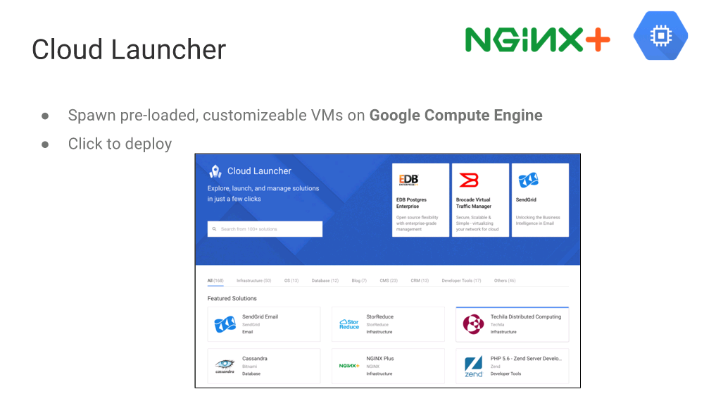 With Cloud Launcher you can spawn preloaded, customizable VMs to run on Google Compute Engine [webinar "Deploying NGINX Plus & Kubernetes on Google Cloud Platform" includes information on how switching from a monolithic to microservices architecture can help with application delivery and continuous integration - broadcast 23 May 2016]