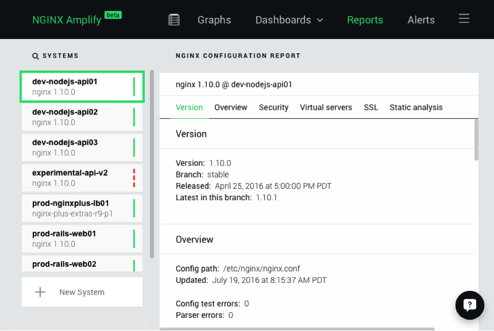 The 'Version' tab on the NGINX Amplify Reports page reports the version of NGINX in use, the path to configuration files, and the number of config test and parser errors [how to monitor NGINX with NGINX Amplify]