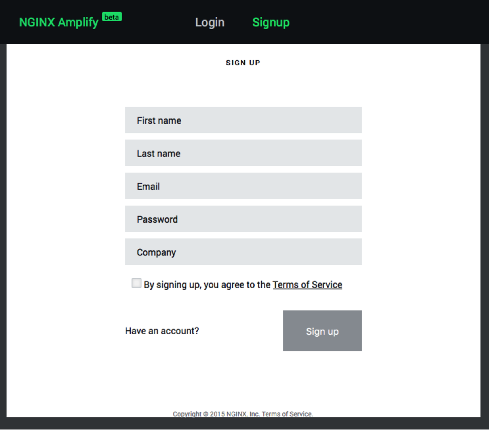 Signup for an NGINX Amplify account by providing your name and company name and agreeing to the Terms of Service. This is the first step in the series on how to monitor NGINX.