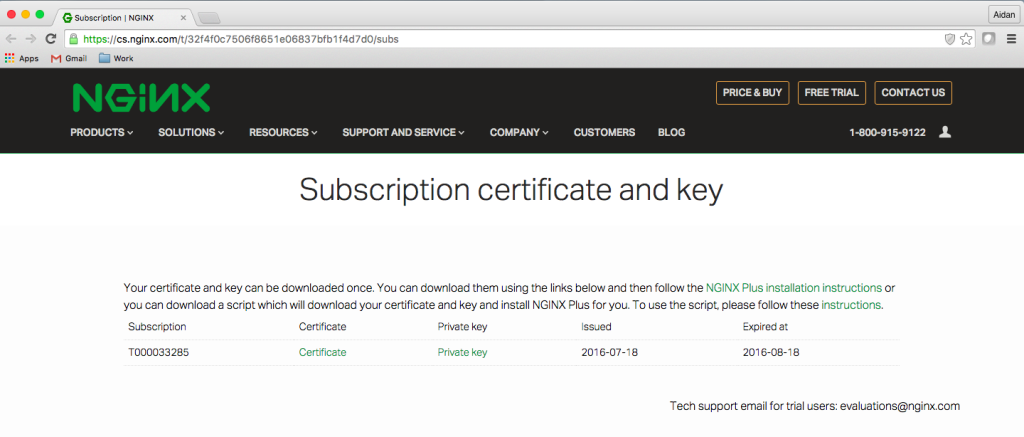 NGINX Plus free trial activation page with subscription certificate and key for NGINX reverse proxy and web server
