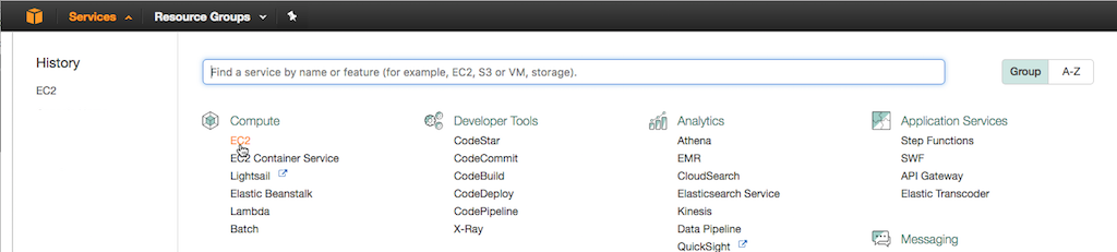 Screenshot of selecting EC2 on the service-selection page of the AWS Management Console