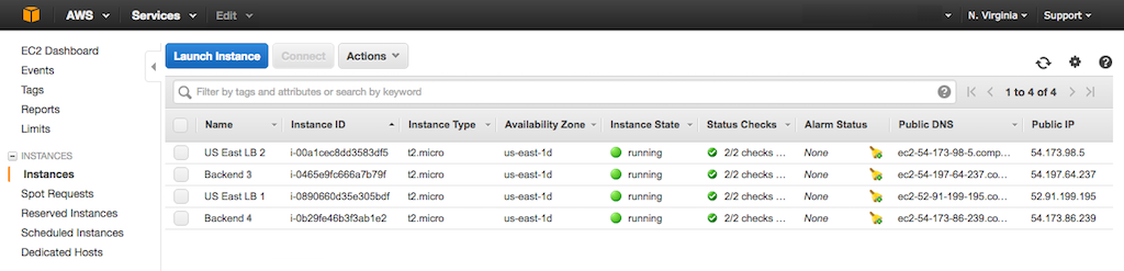 Screenshot showing newly created EC2 instances in one of two regions, which is a prerequisite to configuring AWS GSLB (global server load balancing) with NGINX Plus