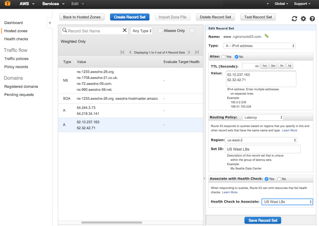 Screenshot of interface for editing Route 53 record sets during configuration of global server load balancing (GSLB) with NGINX Plus