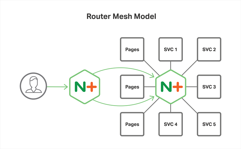 In the Router Mesh Model of the Microservices Reference Architecture from NGINX, NGINX Plus runs on each server to load balance the microservices running there, and also on frontend servers to reverse proxy and load balance traffic to the application servers with service discovery