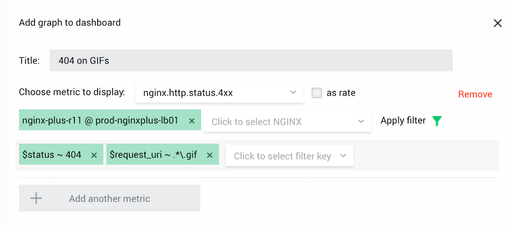 Screenshot showing how to improve NGINX performance with NGINX Amplify by creating a filter with a regular expression that tracks '404' response error codes for specific file types