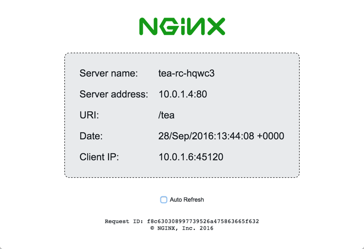 The sample 'tea' microservice provided with the NGINX and NGINX Plus Ingress controllers for Kubernetes load balancing returns an index page with request details