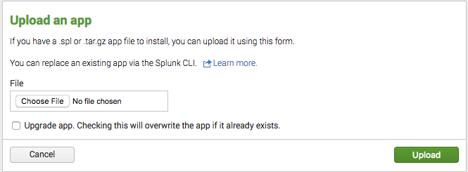 On the Splunk 'Upload an app' page, select the Add-On for NGINX and NGINX Plus to start gathering data for operational intelligence and troubleshooting NGINX