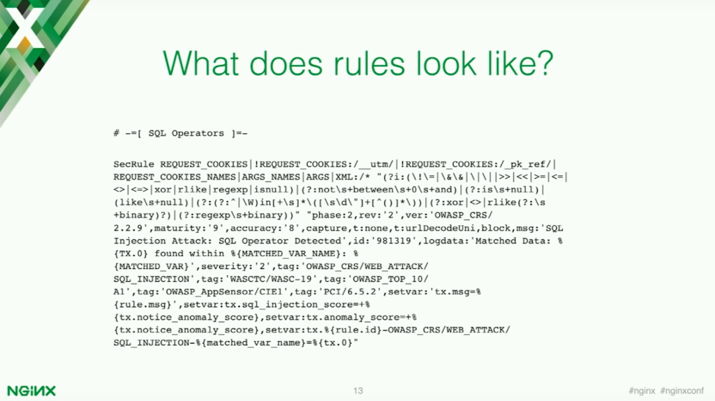 The application security rules are regular expressions [presentation by Stepan Ilyan, cofounder of Wallarm, at nginx.conf 2016]