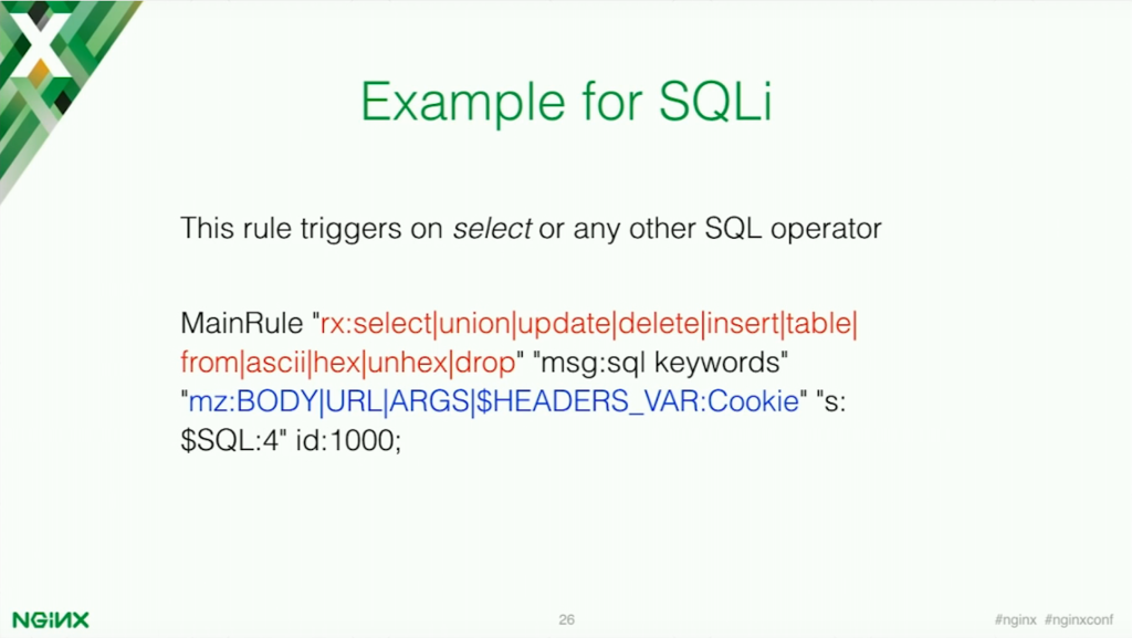 This is an example of the NAXSI SQL injection protection for application security [presentation by Stepan Ilyan, cofounder of Wallarm, at nginx.conf 2016]