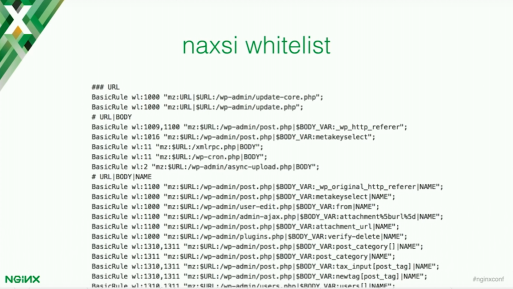 NAXSI has a special tool for generating a whitelist for your application [presentation by Stepan Ilyan, cofounder of Wallarm, at nginx.conf 2016]