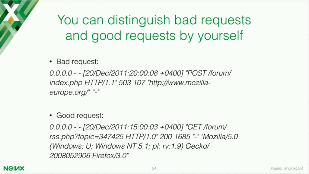 You can distinguish between good and bad request manually, but it isn't pragmatic [presentation by Stepan Ilyan, cofounder of Wallarm, at nginx.conf 2016]