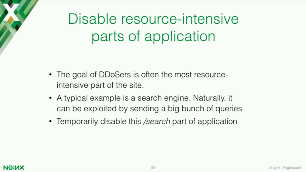 The target of DDoSers is often the most resource-intensive part of the site [presentation by Stepan Ilyan, cofounder of Wallarm, at nginx.conf 2016]