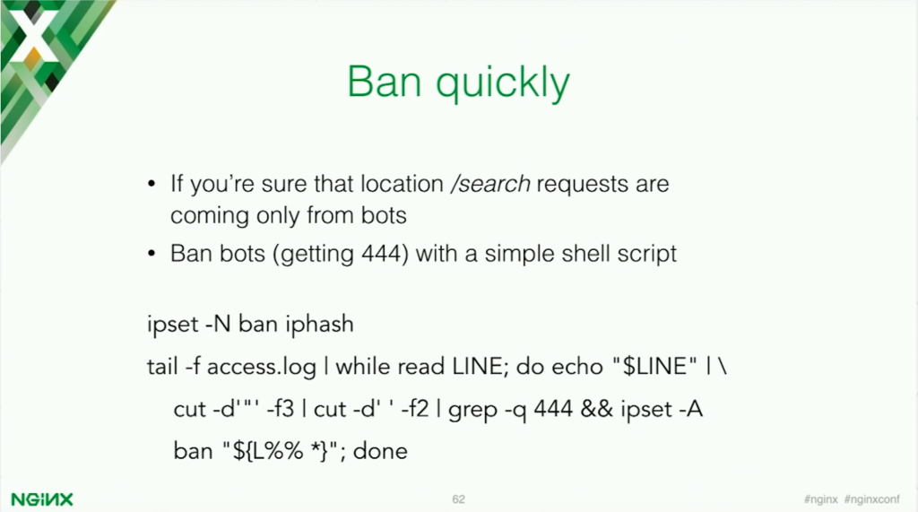 If you are sure that a particular part of your application is receiving requests only from bots, you can try to extract strings from the log file and ban all IP addresses with the online script [presentation by Stepan Ilyan, cofounder of Wallarm, at nginx.conf 2016]