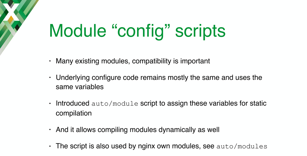 The 'auto/module' configuration script was introduced to maintain compatibility between existing static modules and the new dynamic modules in NGINX