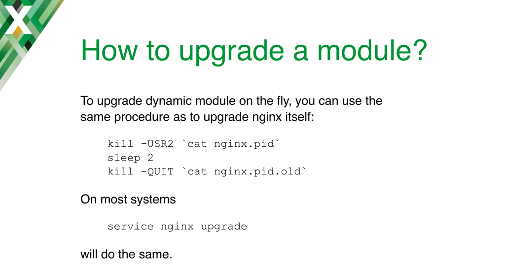 You can upgrade to a new version of a dynamic module on the fly, the same as for the binary itself, with the 'service nginx upgrade' or 'kill -USR2' command