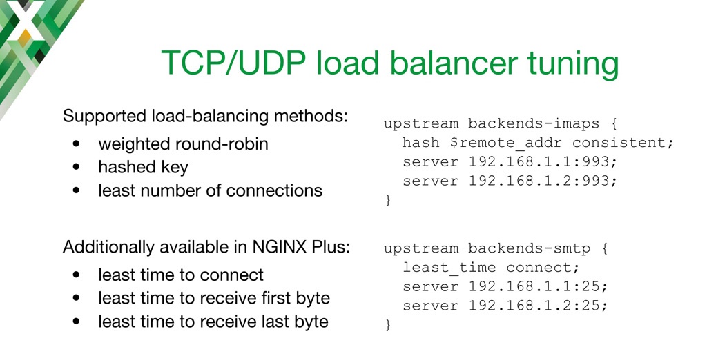 NGINX configuration code for fine-tuning TCP load balancing with different algorithms