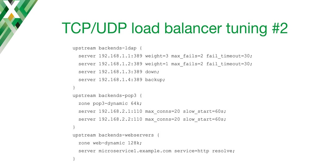 NGINX configuration code for fine-tuning TCP load balancing with weights, passive health checks, connection limits, slow start, and dynamic reconfiguration of upstream groups using DNS
