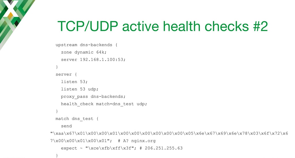 NGINX configuration code for implementing active health checks with TCP load balancing and UDP load balancing