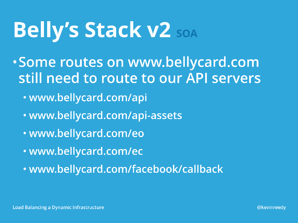 Version two of Belly's Stack on service-oriented architecture still routed to their API servers [presentation by Kevin Reedy of Belly Card at nginx.conf 2014]